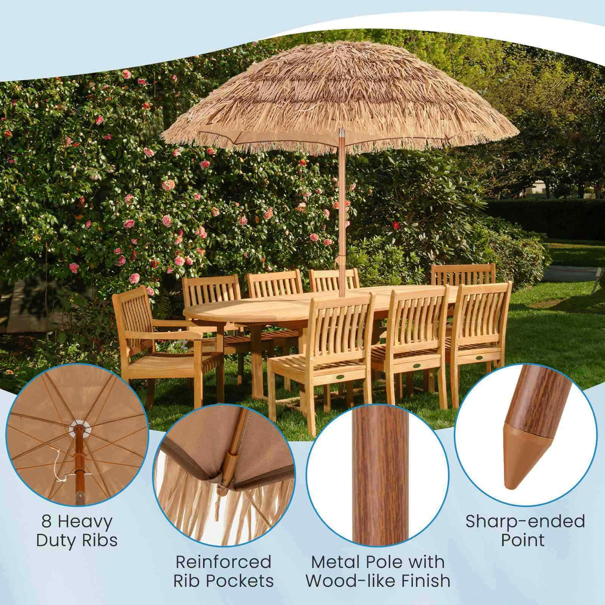 2M Foldable Thatched Tiki Umbrella, Outdoor Portable Sunshade Market Umbrella