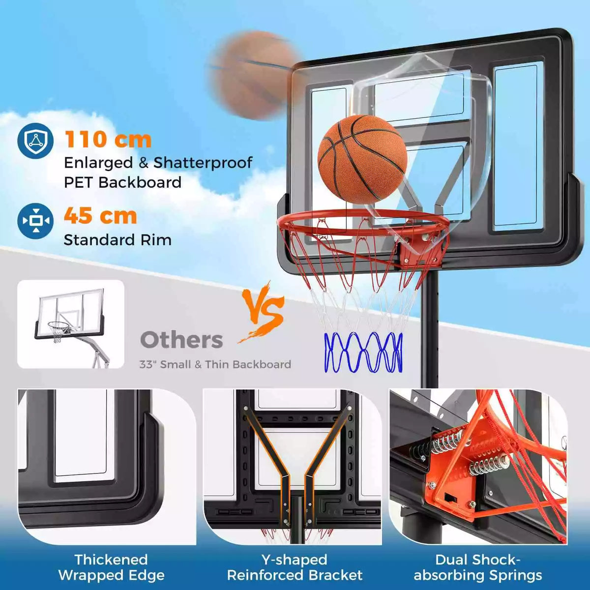 1.35-3.05m Adjustable Portable Basketball Hoop w/ 110cm Shatterproof Backboard