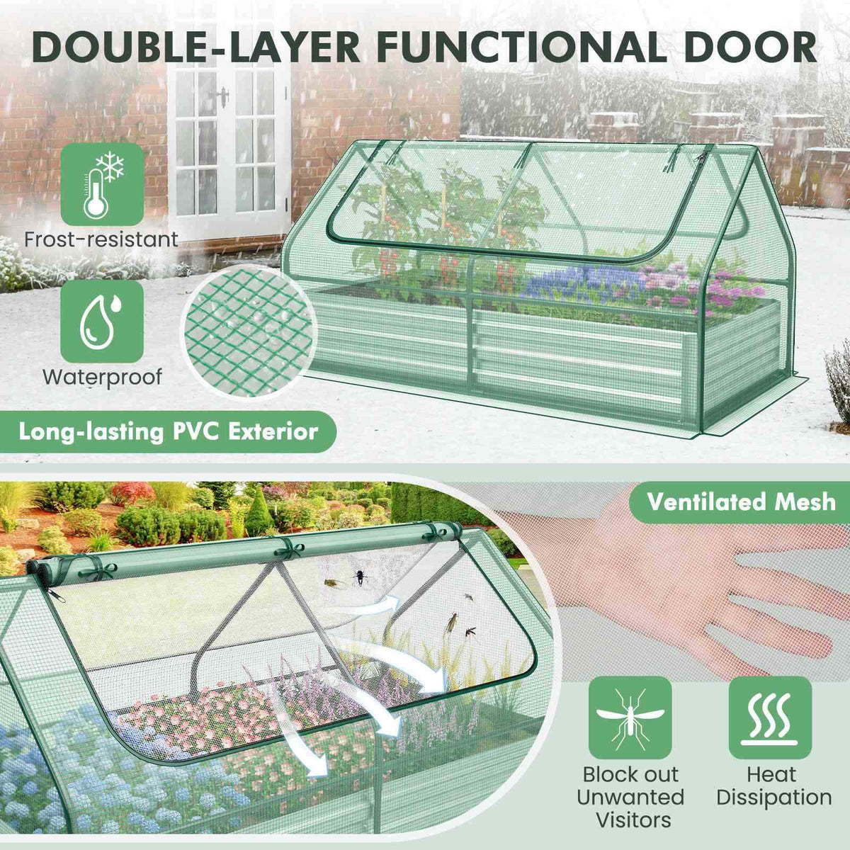 180 x 90 x 91cm Galvanized Raised Garden Bed w/ Greenhouse & Dual 2-Tier Windows