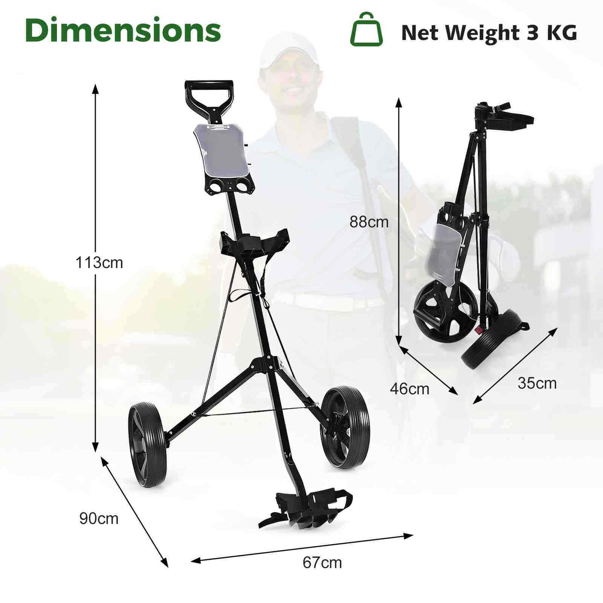 2 Wheel Foldable Golf Push Cart, Portable Lightweight Walking Pull Cart Holder