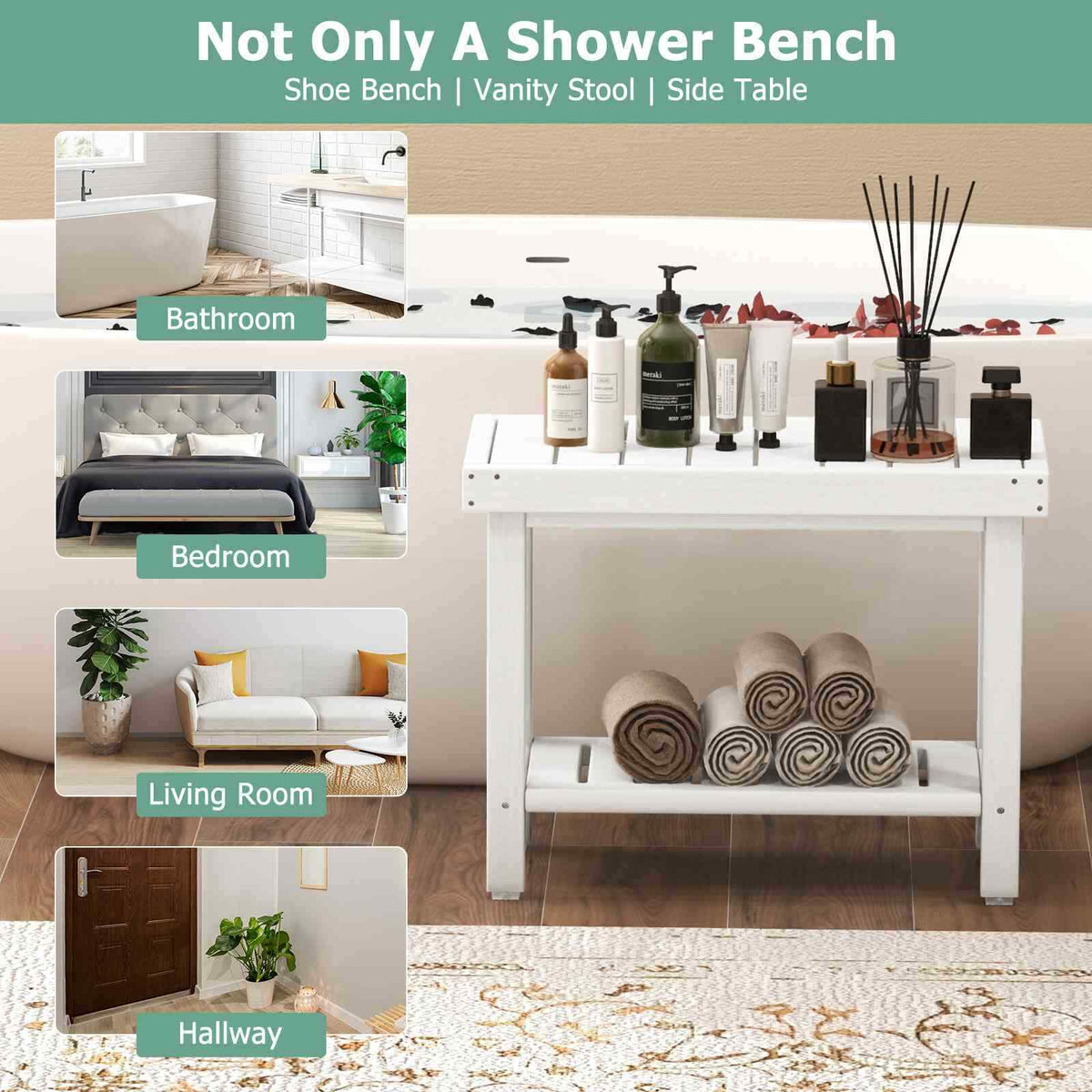 2-Tier Shower Bench Stool HDPE Waterproof Inside Seat for Bath & Shaving Legs