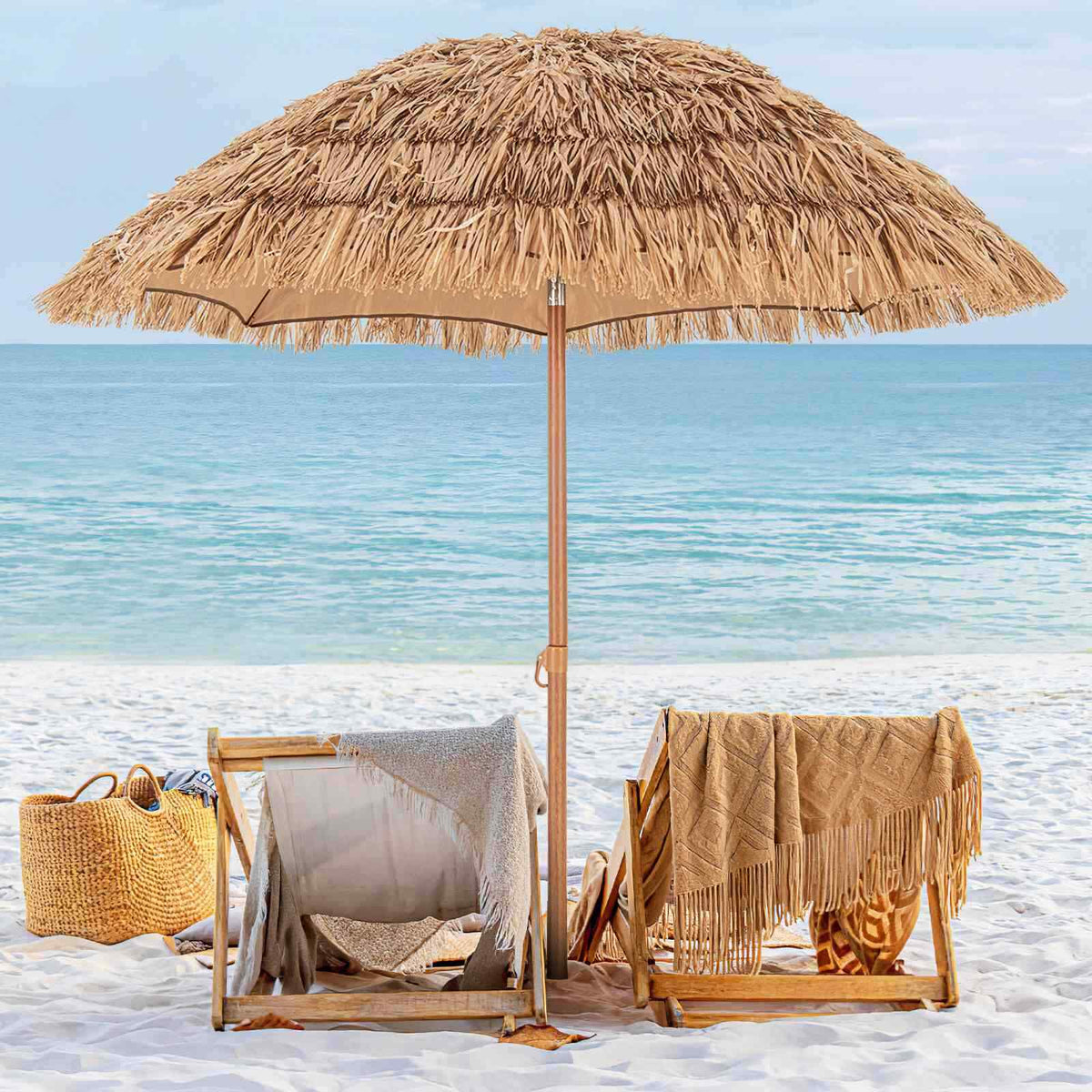 2M Foldable Thatched Tiki Umbrella, Outdoor Portable Sunshade Market Umbrella