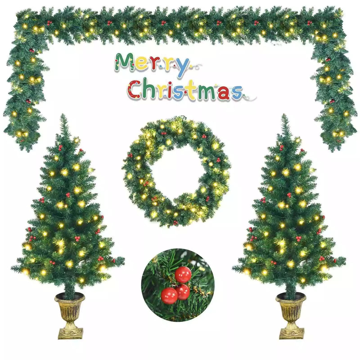 Pre-Lit Christmas 4-Piece Set, Door Wreath & Garland & Pack of 2 Entrance Trees