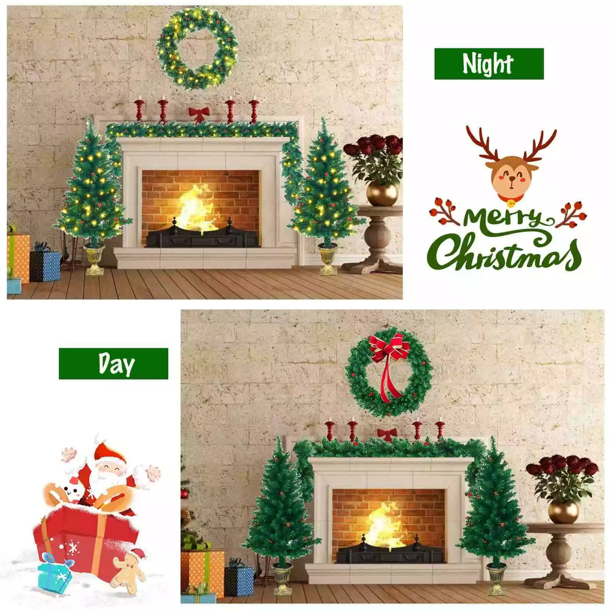 Pre-Lit Christmas 4-Piece Set, Door Wreath & Garland & Pack of 2 Entrance Trees