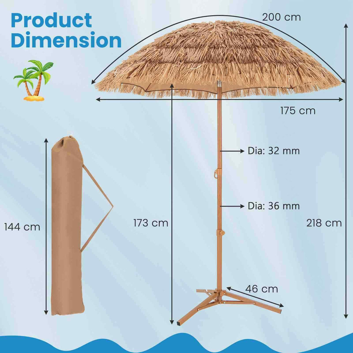 2M Foldable Thatched Tiki Umbrella, Outdoor Portable Sunshade Market Umbrella