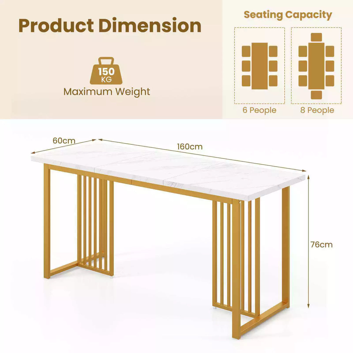 160CM Modern Large Dining Table Rectangular Kitchen Table w/Faux Marble Tabletop