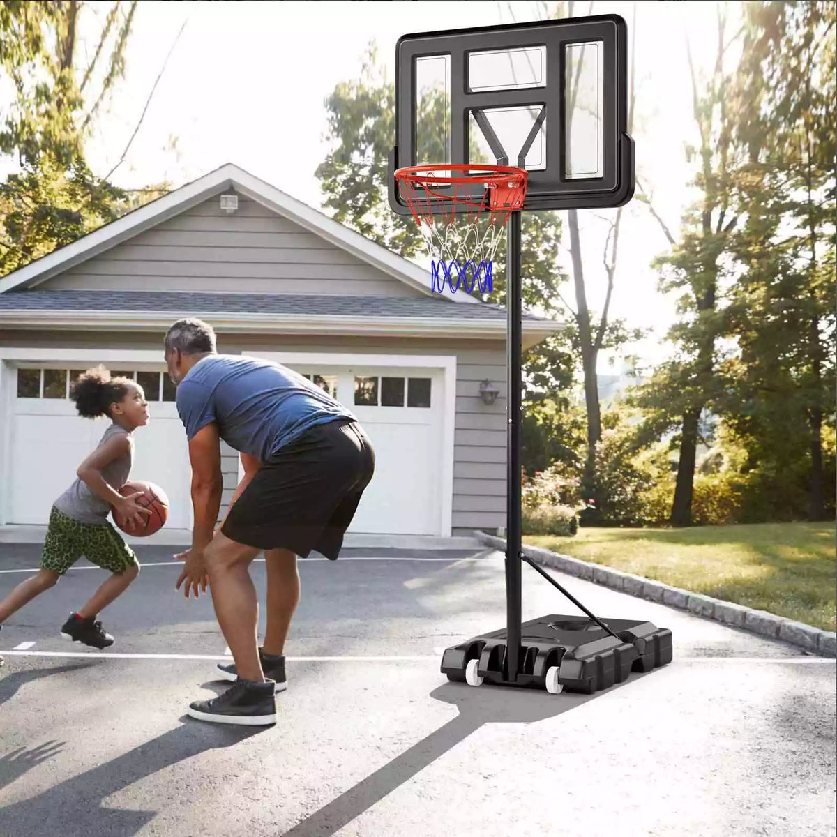 1.35-3.05m Adjustable Portable Basketball Hoop w/ 110cm Shatterproof Backboard