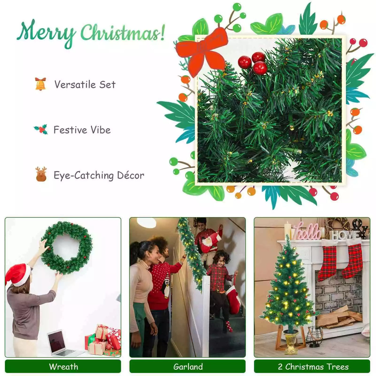 Pre-Lit Christmas 4-Piece Set, Door Wreath & Garland & Pack of 2 Entrance Trees