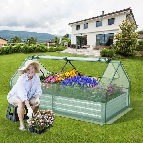 180 x 90 x 91cm Galvanized Raised Garden Bed w/ Greenhouse & Dual 2-Tier Windows