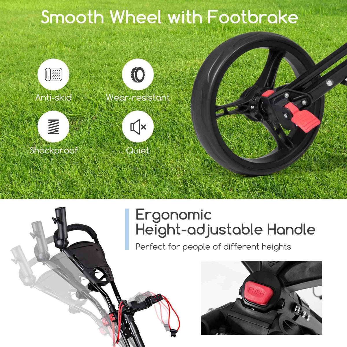 3 Wheel Folding Golf Walking Push Cart, Adjustable Lightweight Aluminum Cart