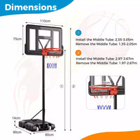 1.35-3.05m Adjustable Portable Basketball Hoop w/ 110cm Shatterproof Backboard