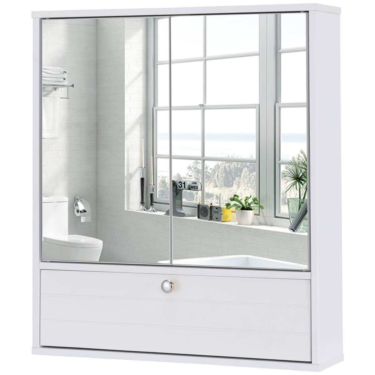 Wall-Mounted Bathroom Medicine Storage Cabinet w/Mirror Adjustable Shelf White