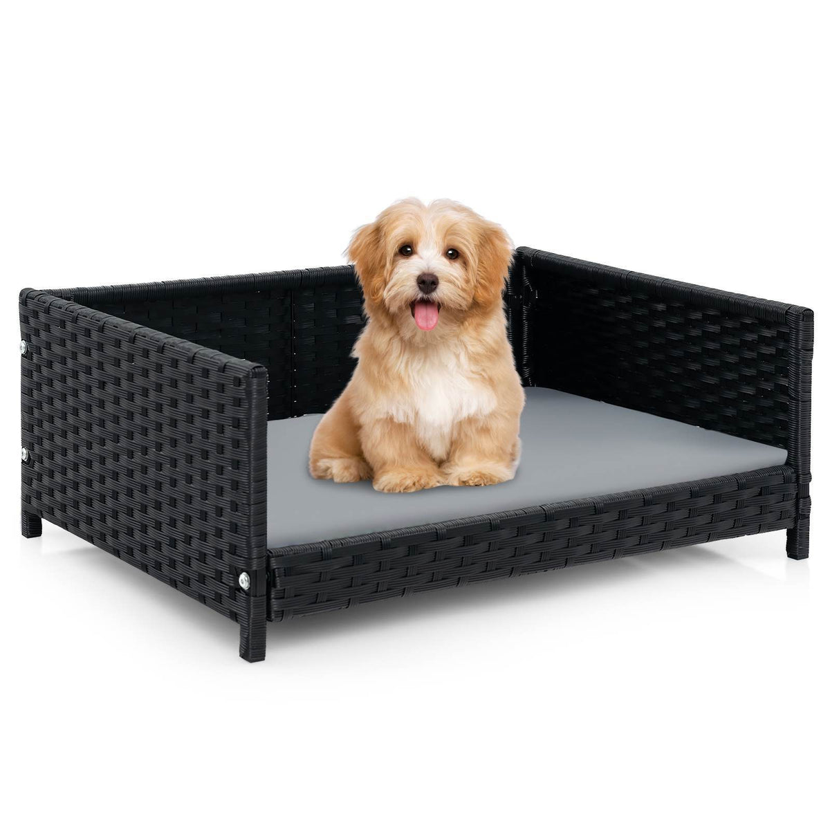 Rattan Pet Bed Dog Cat Puppy House Raised Wicker Sofa Waterproof Soft Cushion