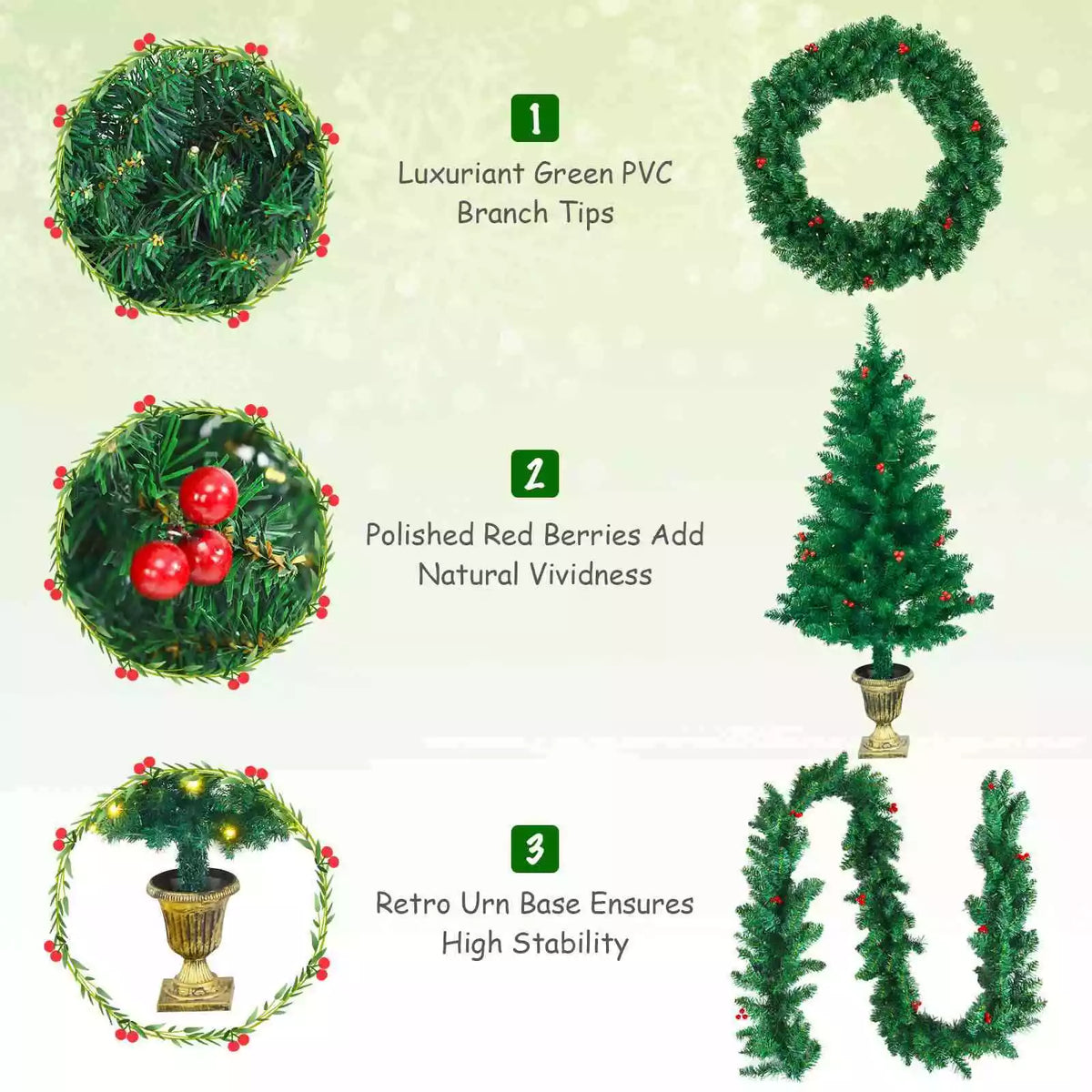 Pre-Lit Christmas 4-Piece Set, Door Wreath & Garland & Pack of 2 Entrance Trees