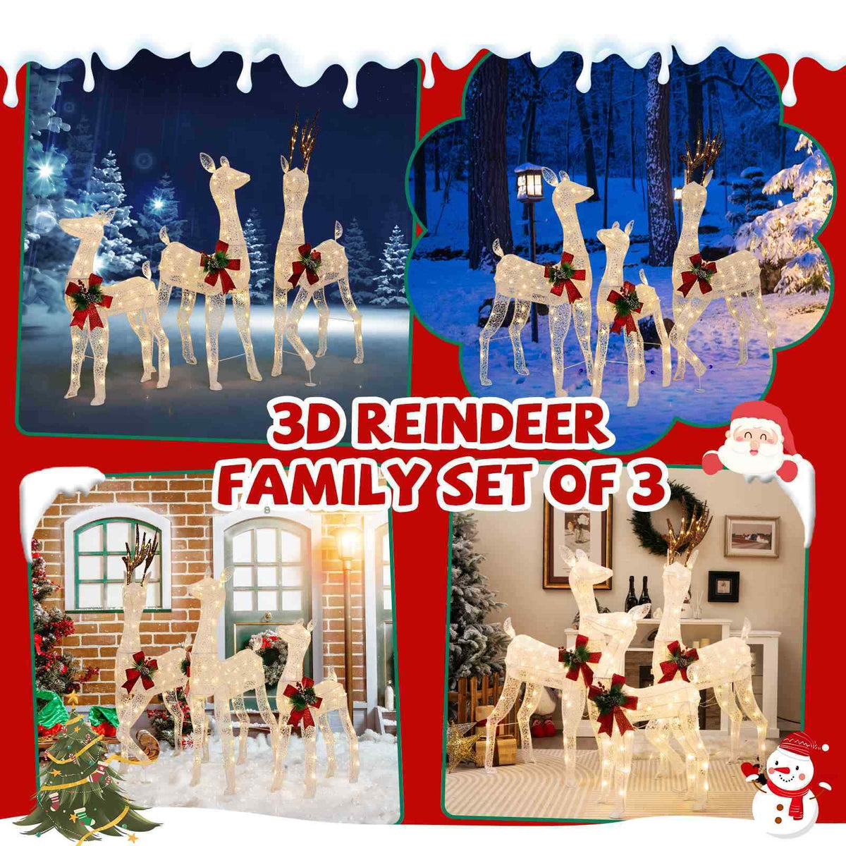 Lighted All-weather Christmas Reindeer Family Decoration Set of 3 with 12 Stakes