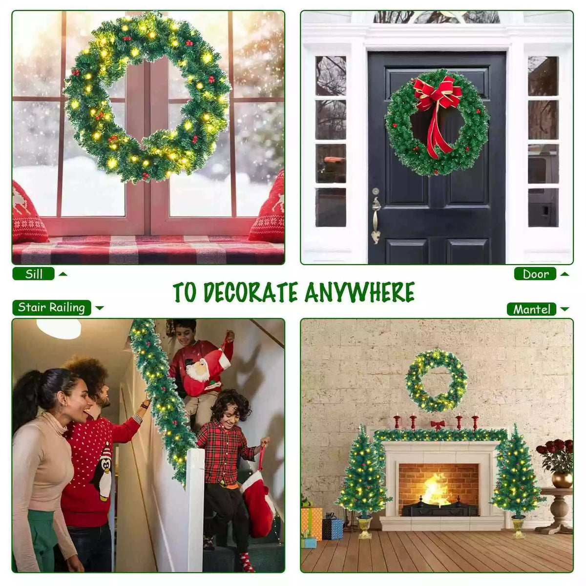 Pre-Lit Christmas 4-Piece Set, Door Wreath & Garland & Pack of 2 Entrance Trees