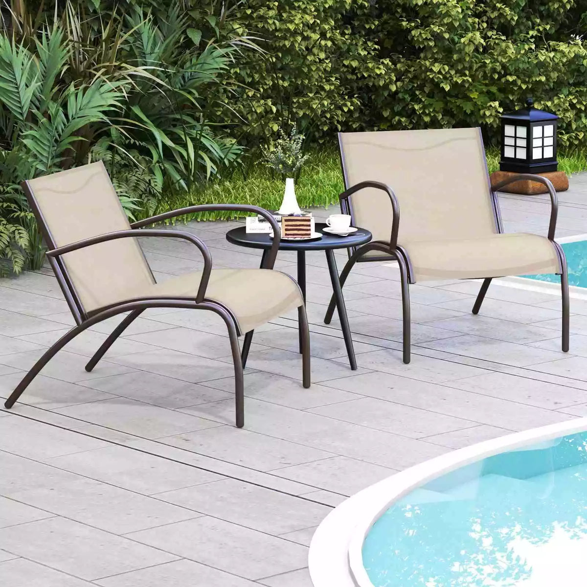 3 Piece Patio Bistro Set Aluminum Outdoor Furniture w/ Curved Fabric Seat Porch