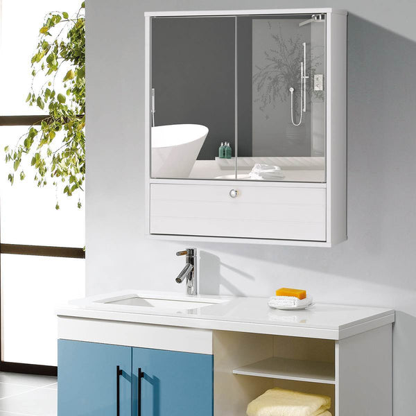 Wall-Mounted Bathroom Medicine Storage Cabinet w/Mirror Adjustable Shelf White