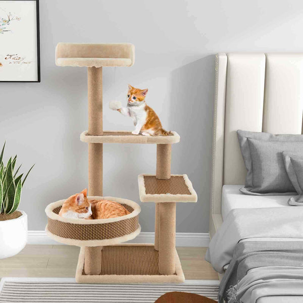 4-level Cat Tower Activity Center for Indoor Cats w/Rattan Mat, Scratching Posts