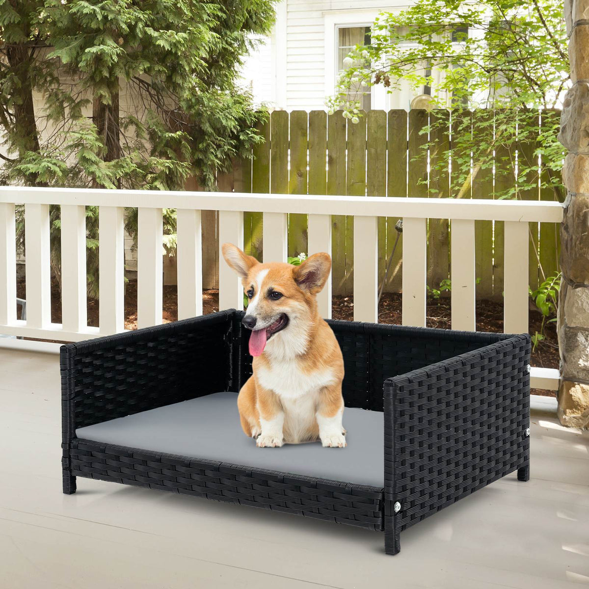 Rattan Pet Bed Dog Cat Puppy House Raised Wicker Sofa Waterproof Soft Cushion