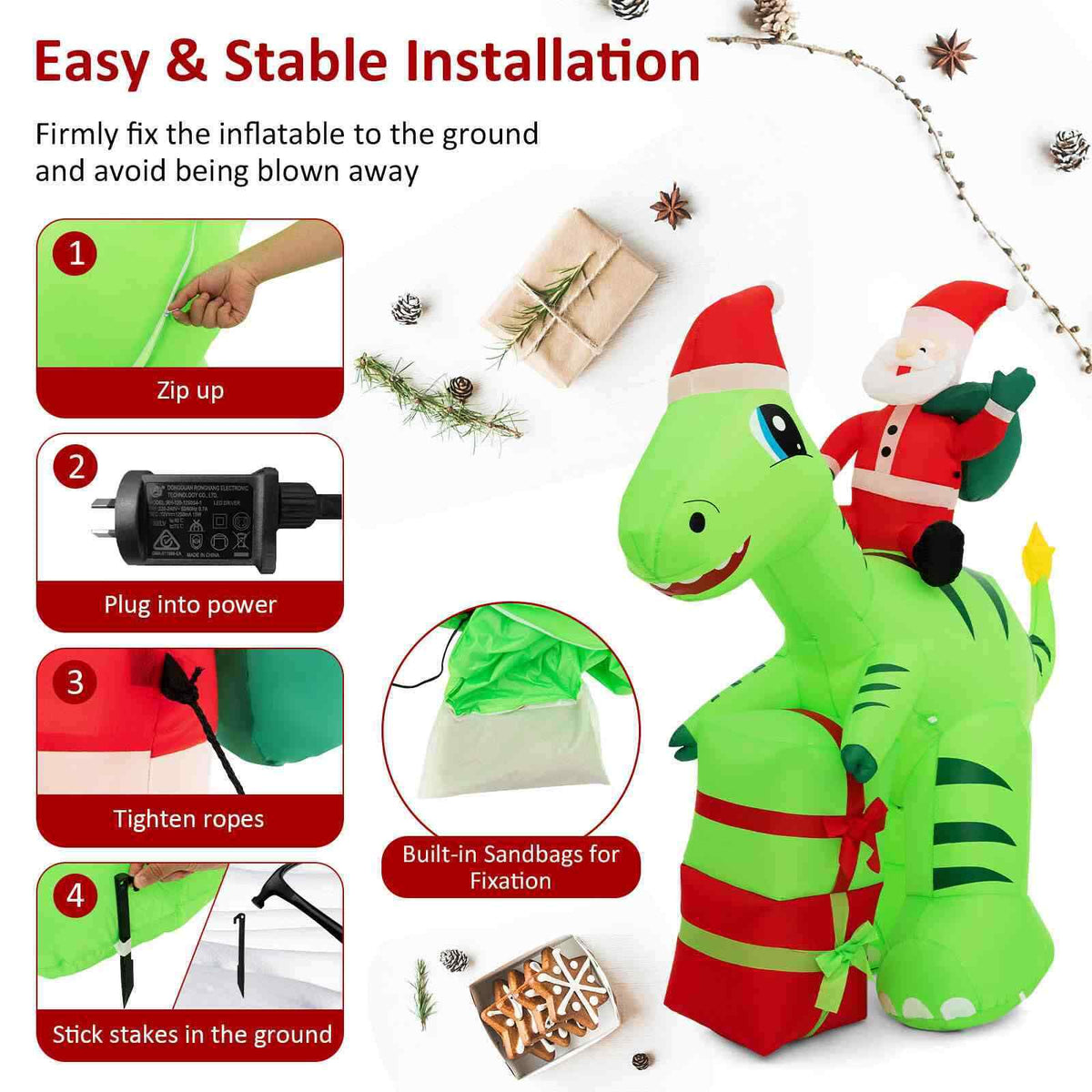 Christmas Inflatable Decoration 2.5 m Lighted Santa Claus Dinosaur w/ Gift Boxes