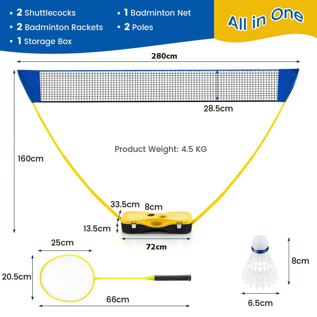 Portable Badminton Net Set with Storage Base, All-In-One Badminton Set