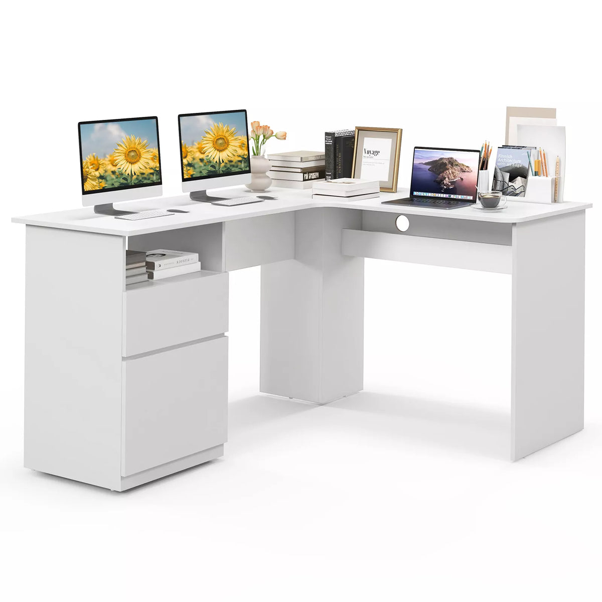 150 cm L-Shaped Computer Desk Corner Study Writing Desk w/ Letter File Drawer