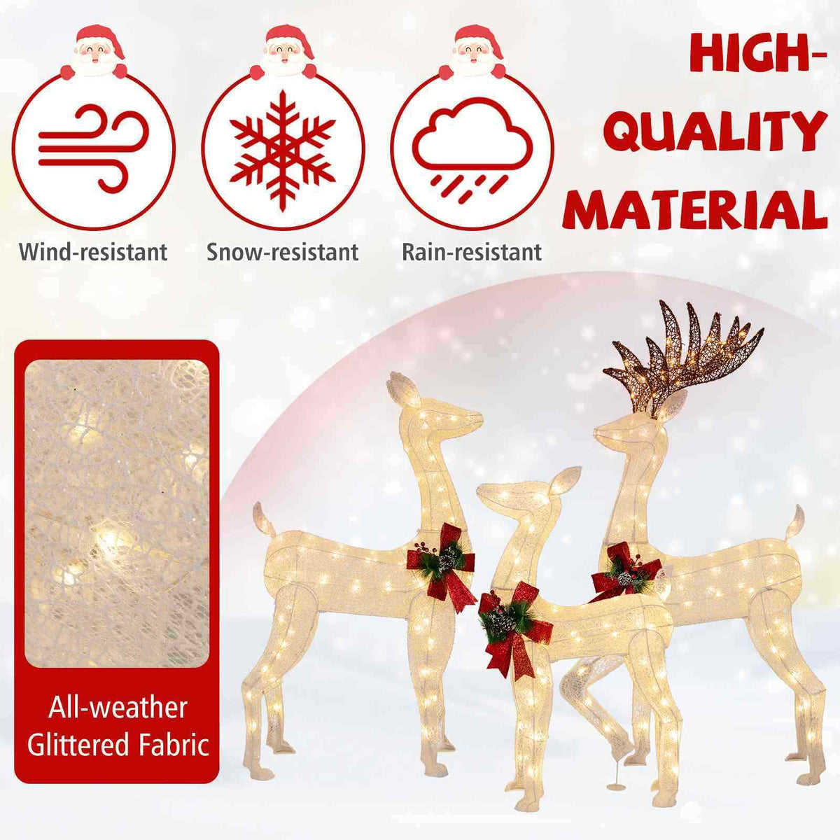 Lighted All-weather Christmas Reindeer Family Decoration Set of 3 with 12 Stakes