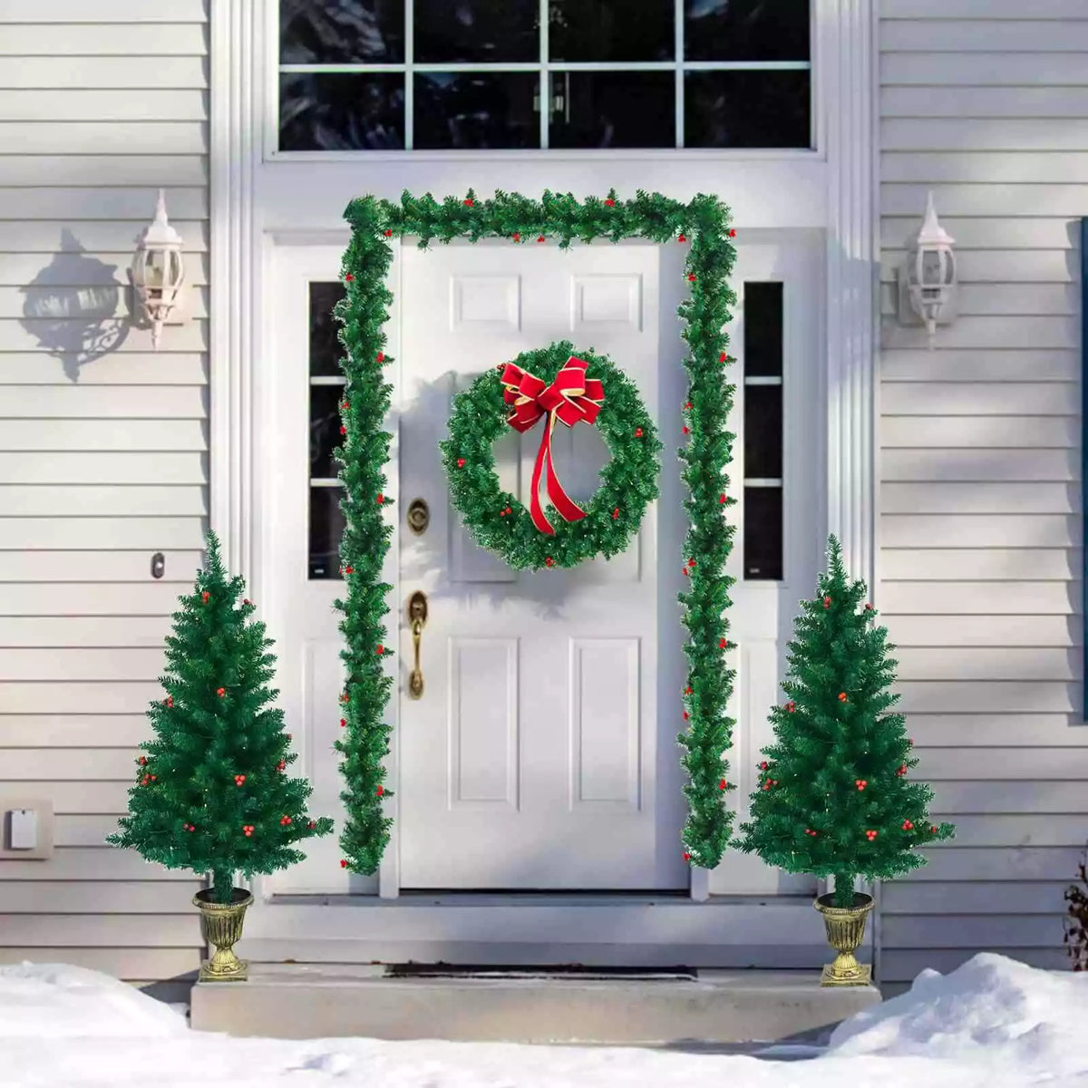 Pre-Lit Christmas 4-Piece Set, Door Wreath & Garland & Pack of 2 Entrance Trees