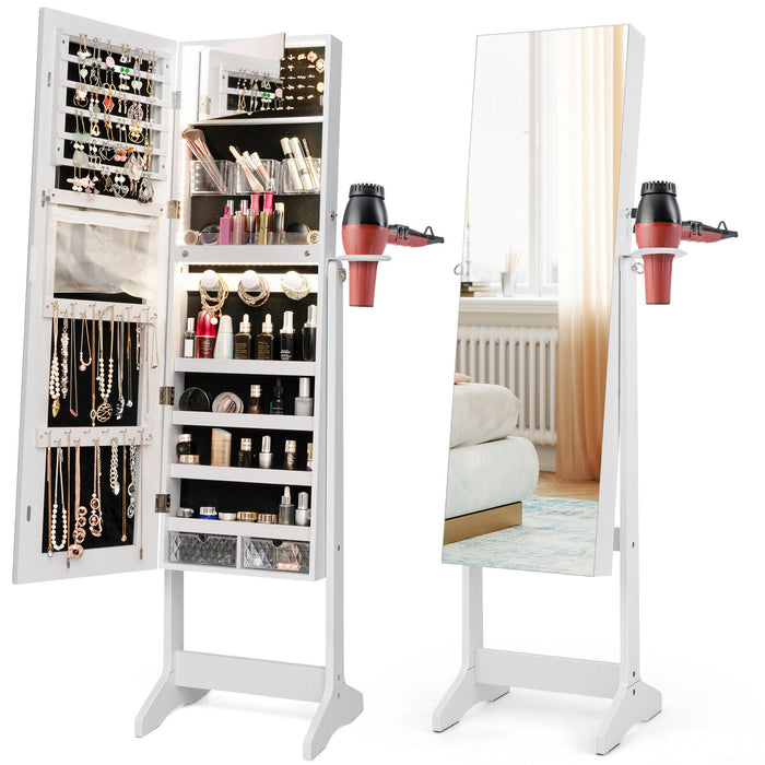 Freestanding Jewelry Cabinet Armoire Lockable Jewelry Organizer w/ LED Lights