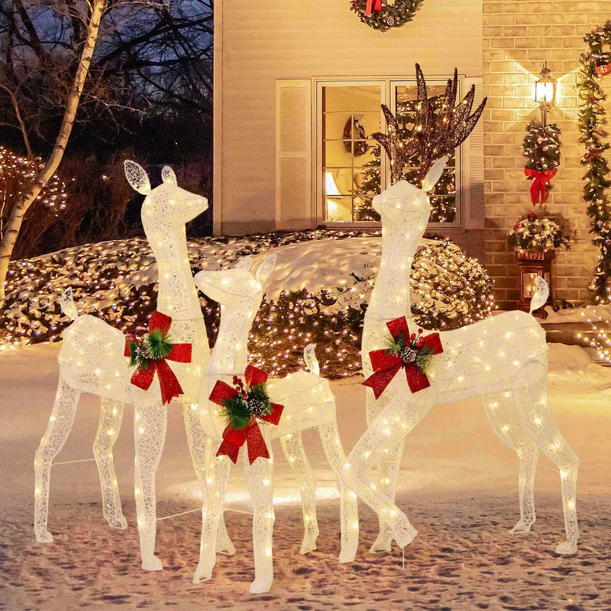 Lighted All-weather Christmas Reindeer Family Decoration Set of 3 with 12 Stakes