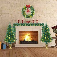 Pre-Lit Christmas 4-Piece Set, Door Wreath & Garland & Pack of 2 Entrance Trees