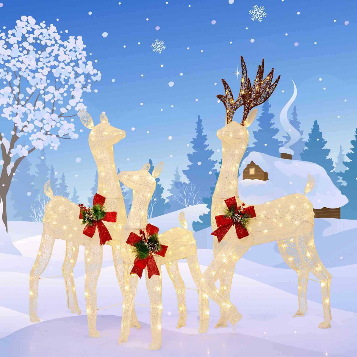 Lighted All-weather Christmas Reindeer Family Decoration Set of 3 with 12 Stakes