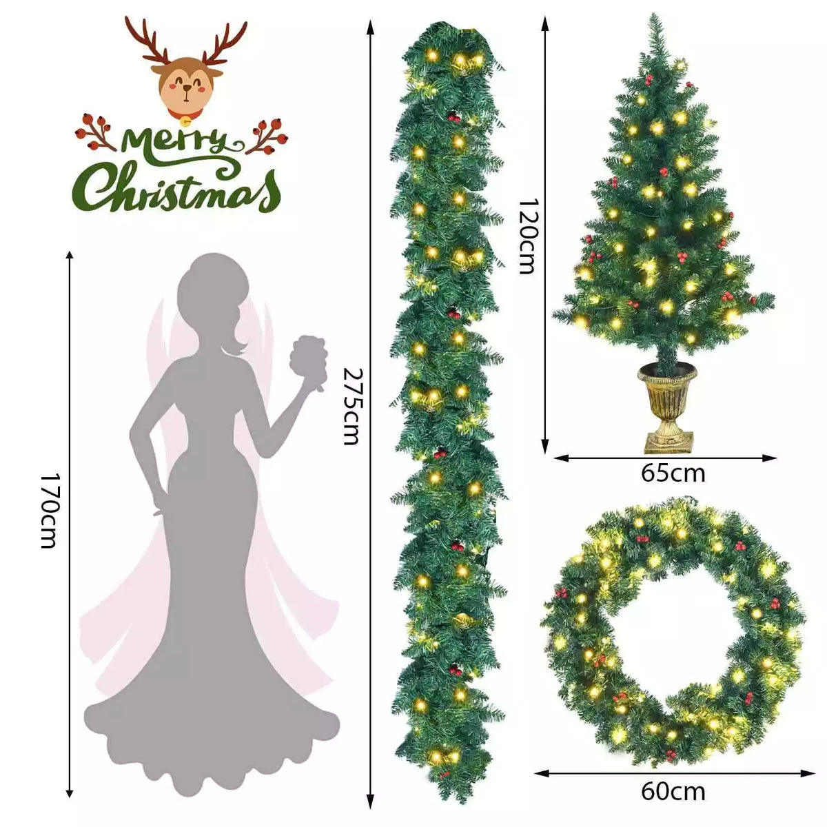 Pre-Lit Christmas 4-Piece Set, Door Wreath & Garland & Pack of 2 Entrance Trees