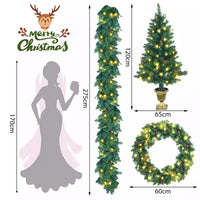 Pre-Lit Christmas 4-Piece Set, Door Wreath & Garland & Pack of 2 Entrance Trees