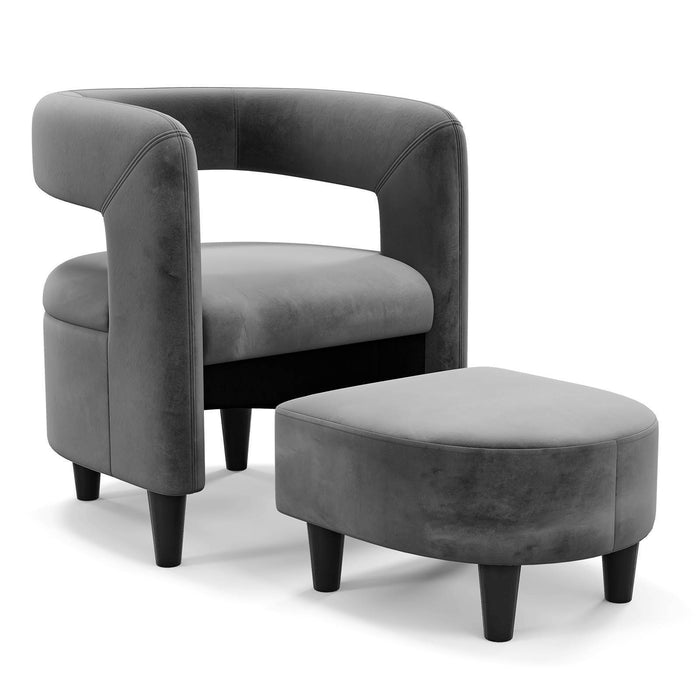 Upholstered Velvet Accent Armchair w/ Foootrest Barrel Chair & Ottman Set Gray