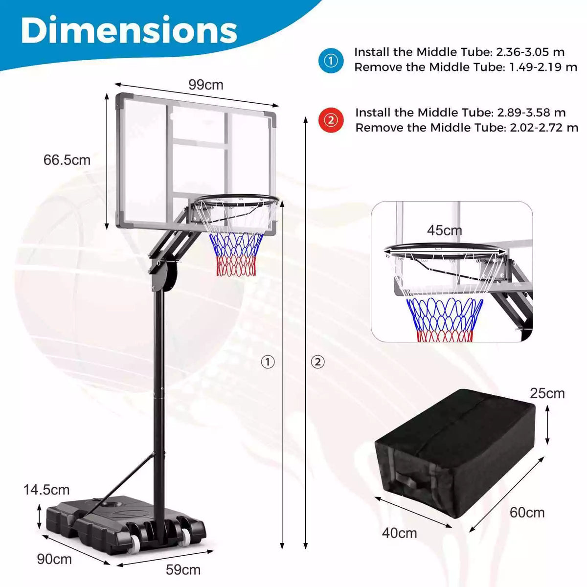 1.5-3.05m Adjustable Portable Basketball Hoop w/Shatterproof Backboard &2 Wheels