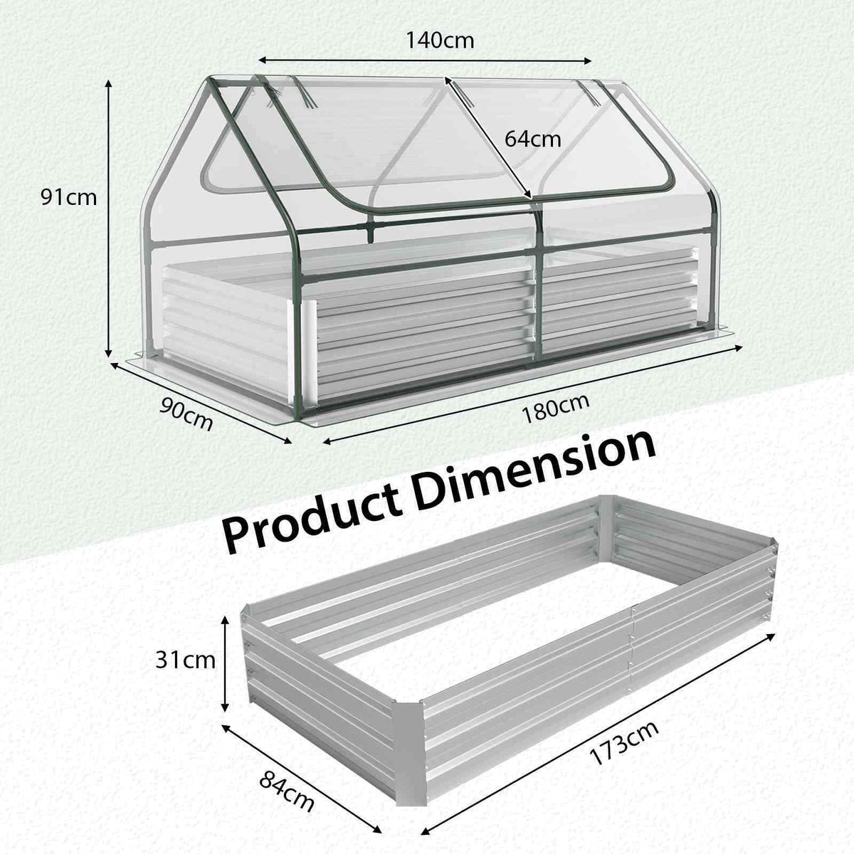 180 x 90 x 91cm Galvanized Raised Garden Bed w/ Greenhouse & Dual 2-Tier Windows