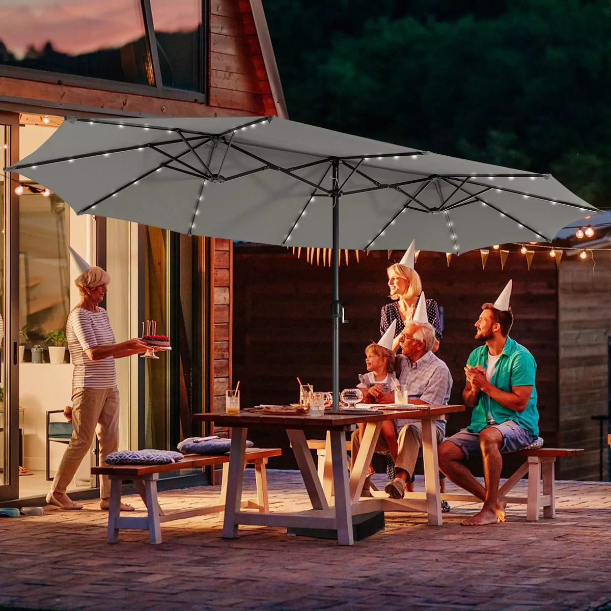 480cm Double-Sided Patio Umbrella w/ Auto-Charging Solar Panel & 48 Solar Lights