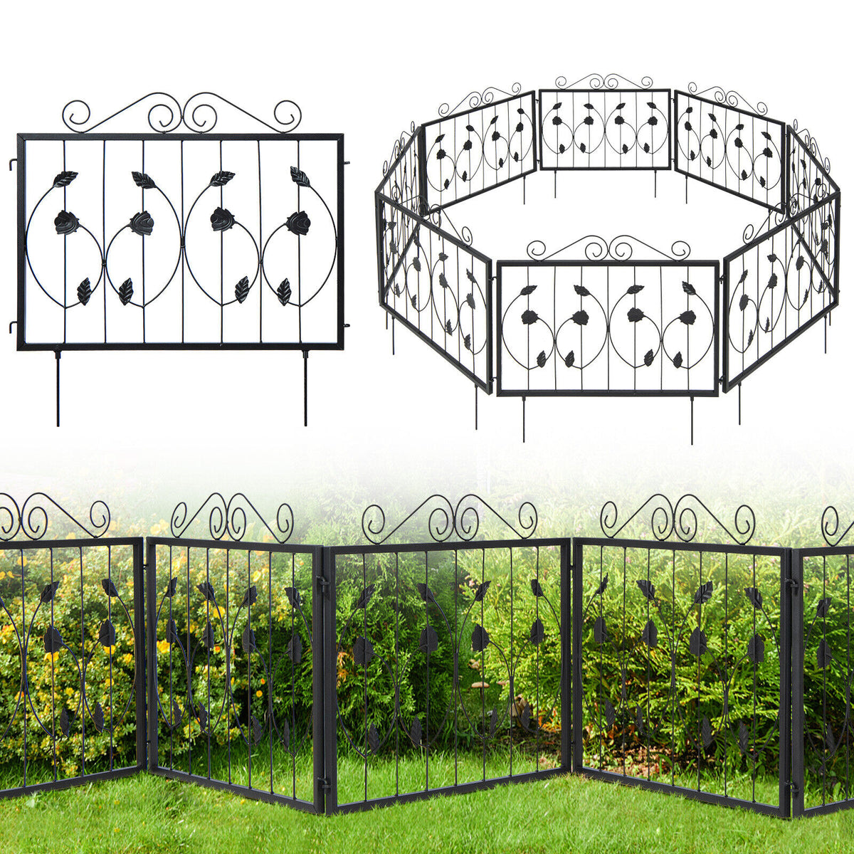 8PCS Metal Garden Flower Fence Outdoor Animal Barrier Panel Edging Rustproof