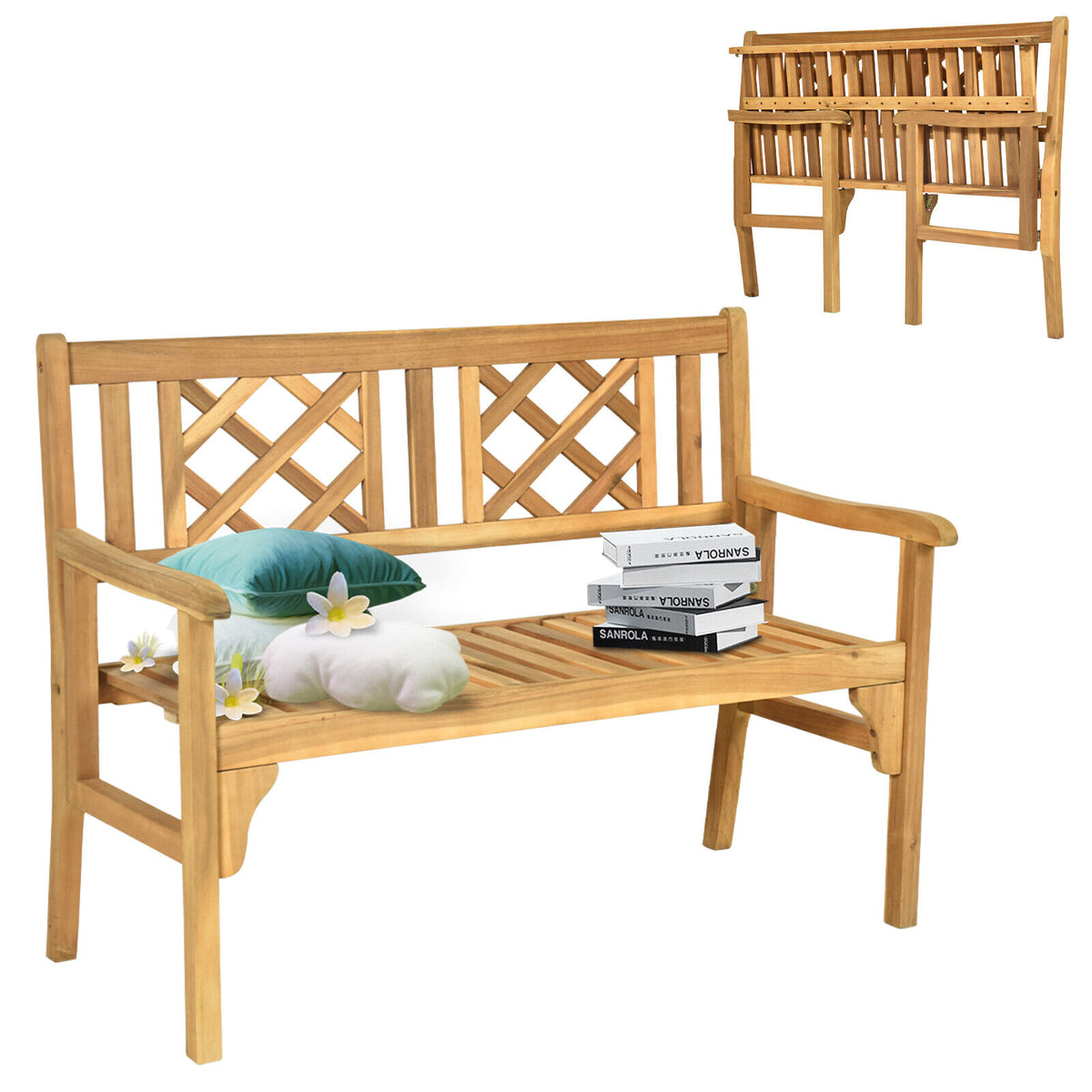 Patio Outdoor Solid Wood Bench Folding Loveseat Chair Park Garden Deck Furniture