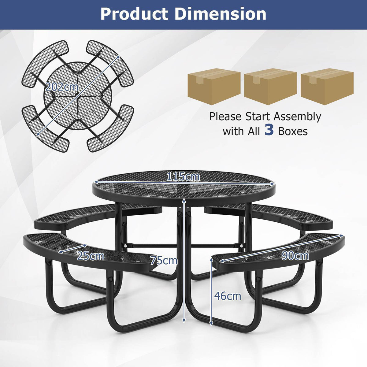 115cm 8-person Outdoor Round Picnic Table & 4 Curved Benches,Garden, Lawn, Patio