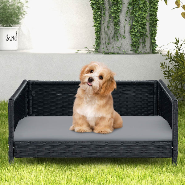 Rattan Pet Bed Dog Cat Puppy House Raised Wicker Sofa Waterproof Soft Cushion