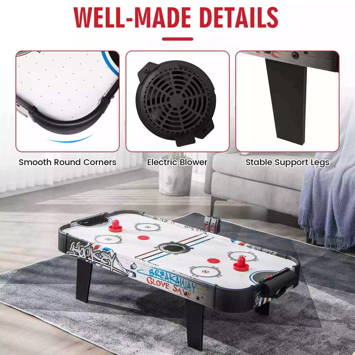 107cm Indoor Portable Air Powered Hockey Table W/LED Scoreboard for Home & Bar