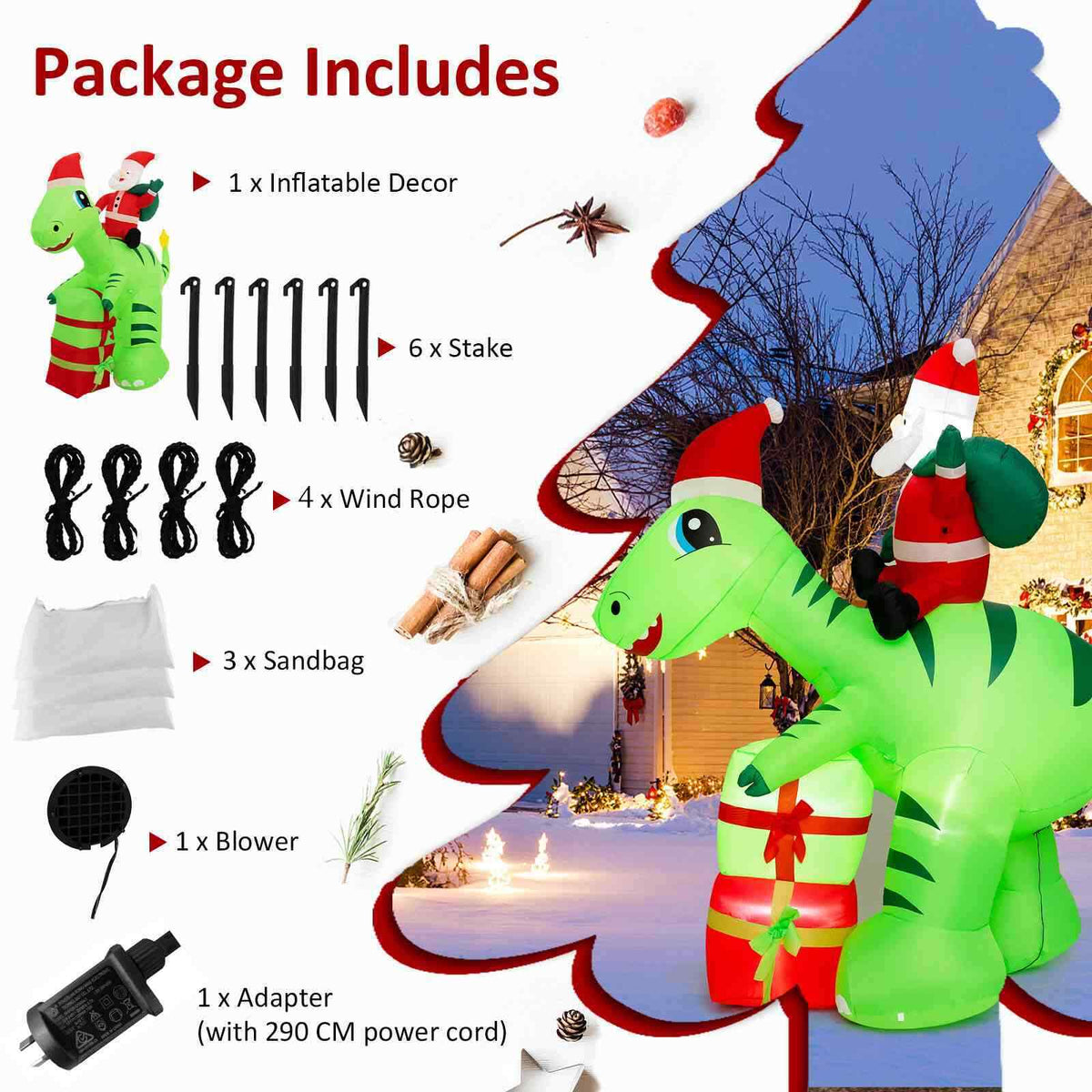 Christmas Inflatable Decoration 2.5 m Lighted Santa Claus Dinosaur w/ Gift Boxes