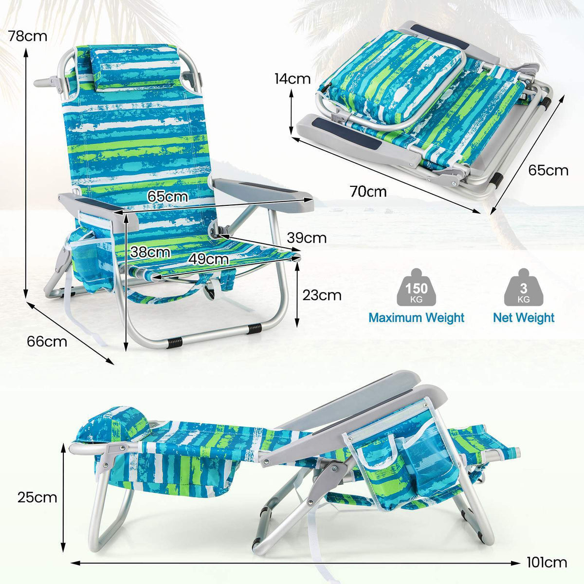 Foldable Backpack Beach Chair Portable Camping Stool w/Cup Holder Storage Pocket