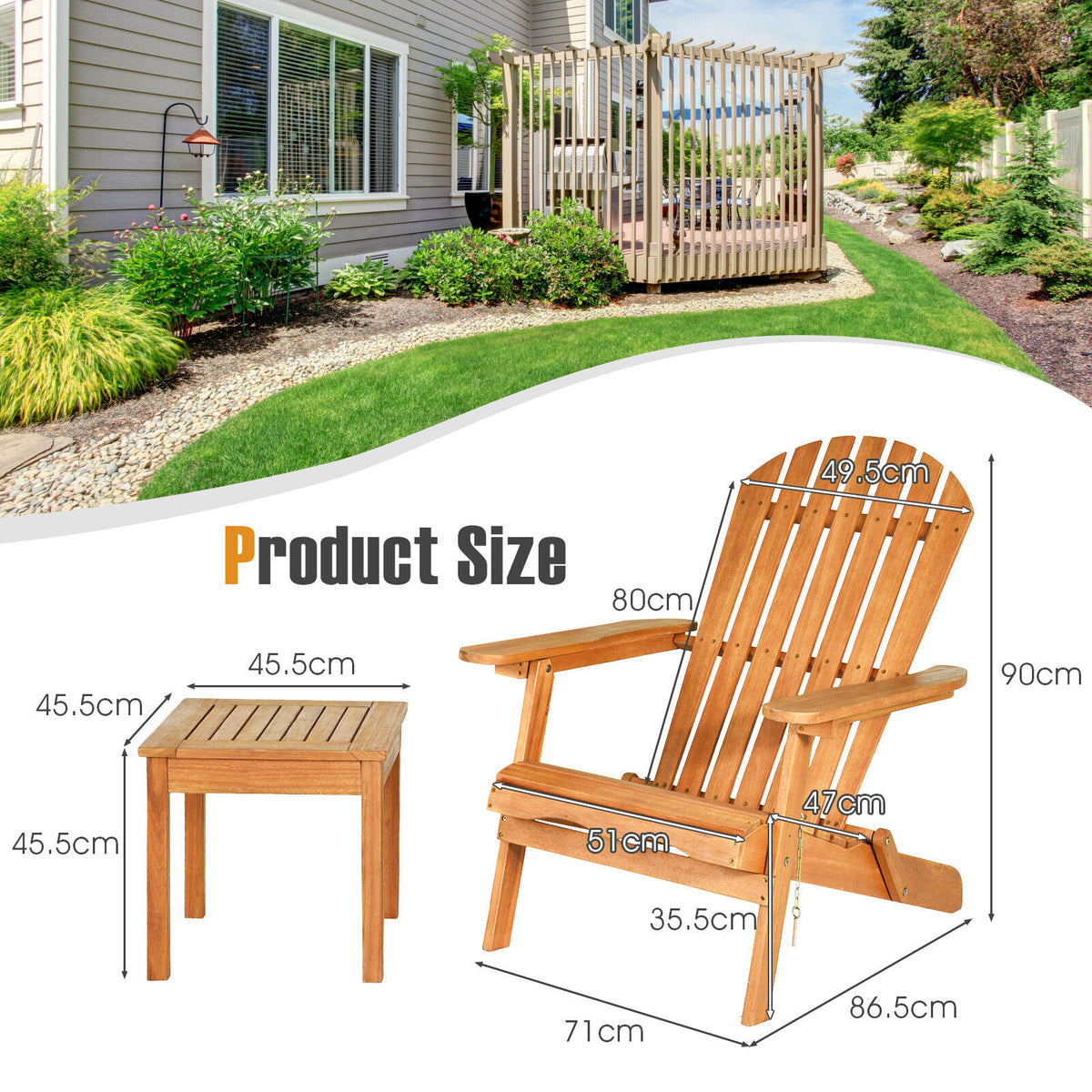 3PCS Patio Wooden Adirondack Chair Table Set Folding Seat Furniture Garden