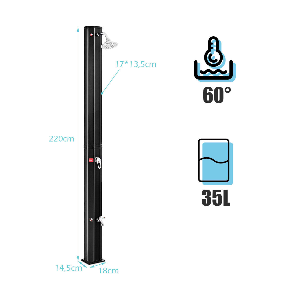 2.2 M 35 L Outdoor Solar Heated Shower 2-Section W/360° Head & Foot Shower