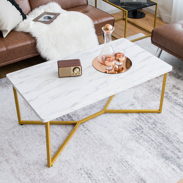 Modern Coffee Table w/ Faux Marble Tabletop & Golden Y-shaped Legs Foot Pads