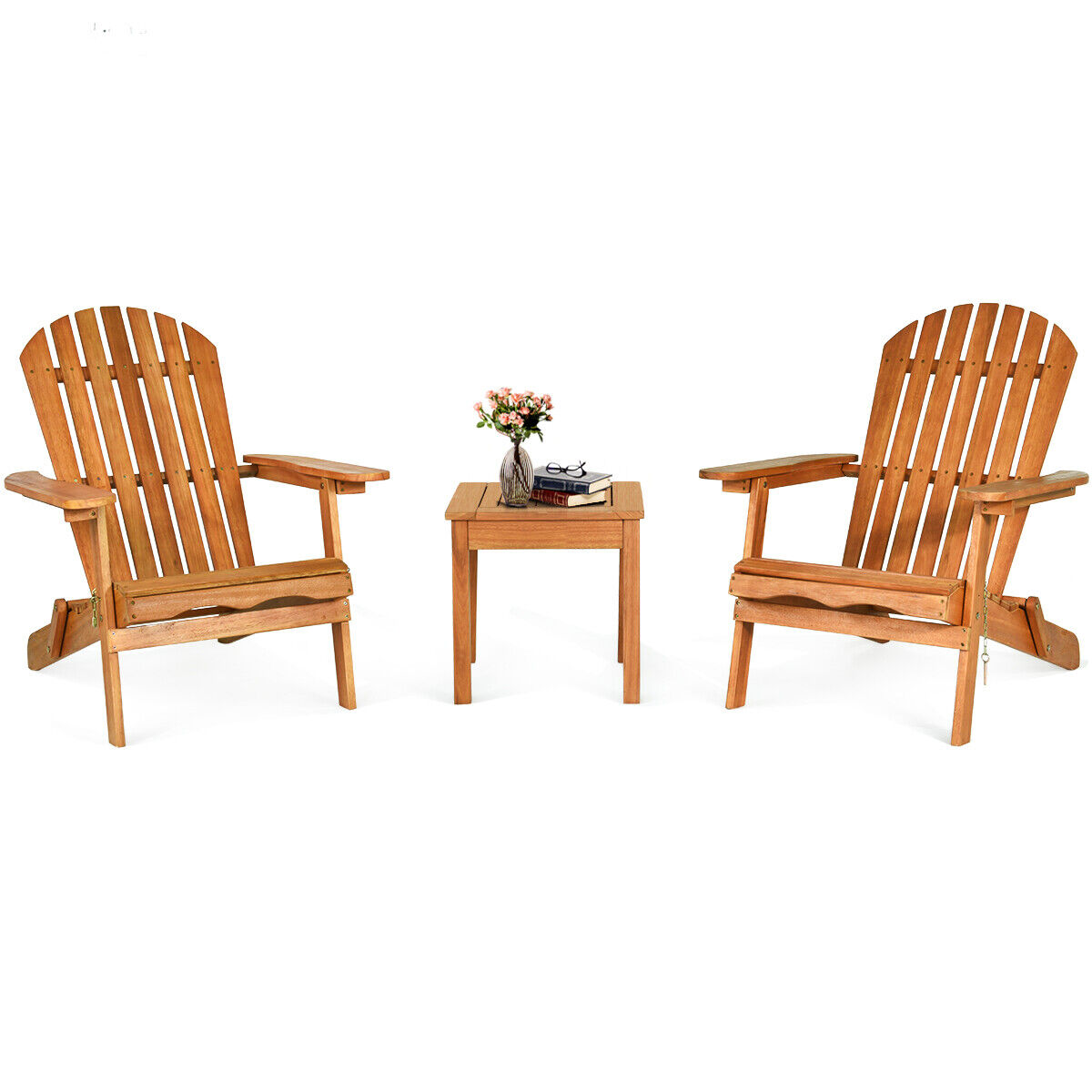 3PCS Patio Wooden Adirondack Chair Table Set Folding Seat Furniture Garden